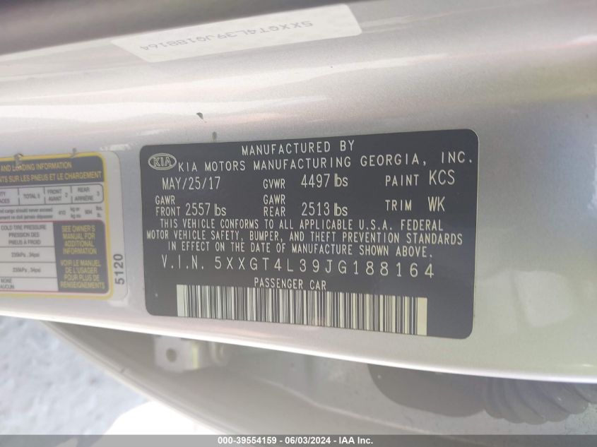 2018 Kia Optima Lx VIN: 5XXGT4L39JG188164 Lot: 39554159