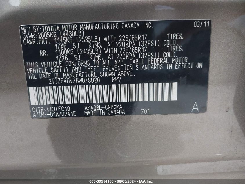 2011 Toyota Rav4 VIN: 2T3ZF4DV7BW078020 Lot: 39554160