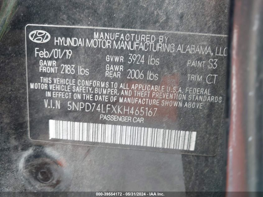 2019 Hyundai Elantra Se VIN: 5NPD74LFXKH465167 Lot: 39554172