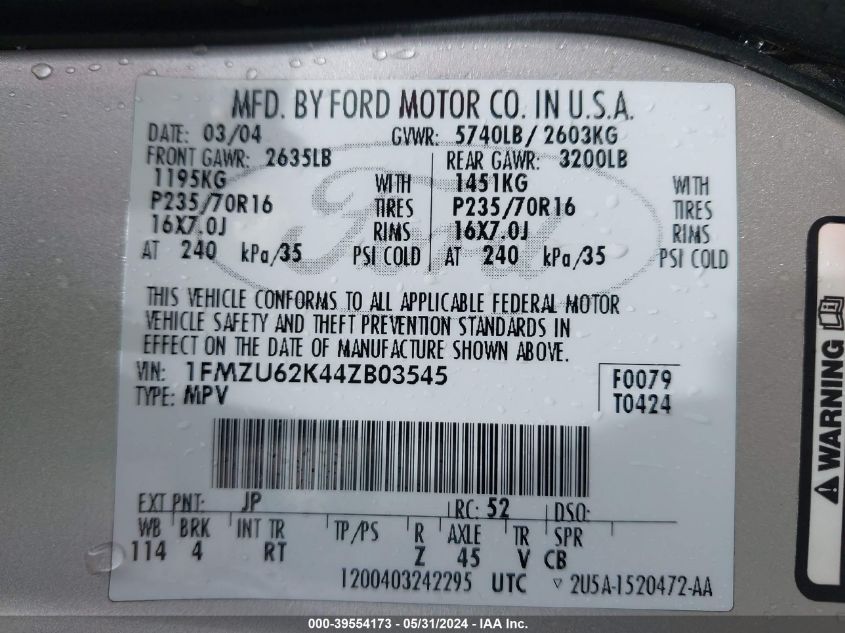 2004 Ford Explorer Xls VIN: 1FMZU62K44ZB03545 Lot: 39554173