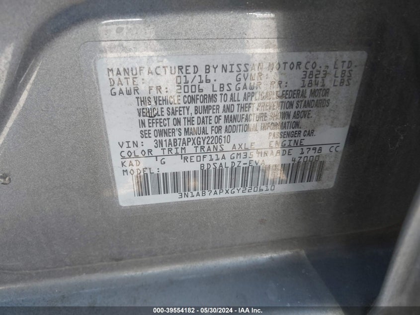 2016 Nissan Sentra Sv VIN: 3N1AB7APXGY220610 Lot: 39554182