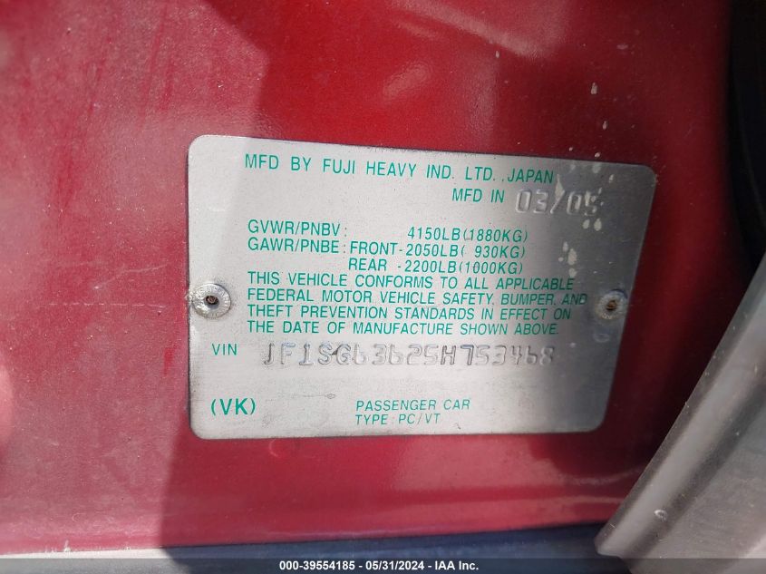 2005 Subaru Forester 2.5X VIN: JF1SG63625H753468 Lot: 39554185