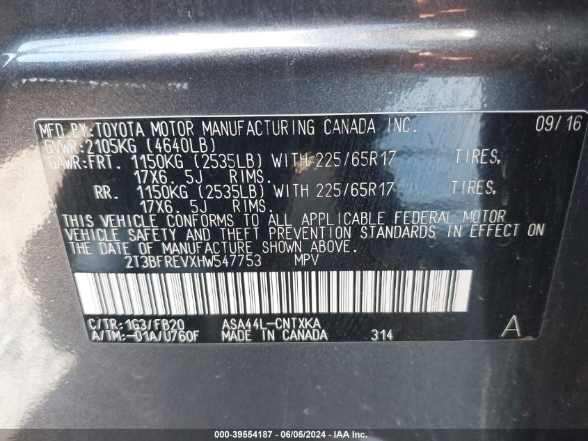 2017 Toyota Rav4 Le VIN: 2T3BFREVXHW547753 Lot: 39554187