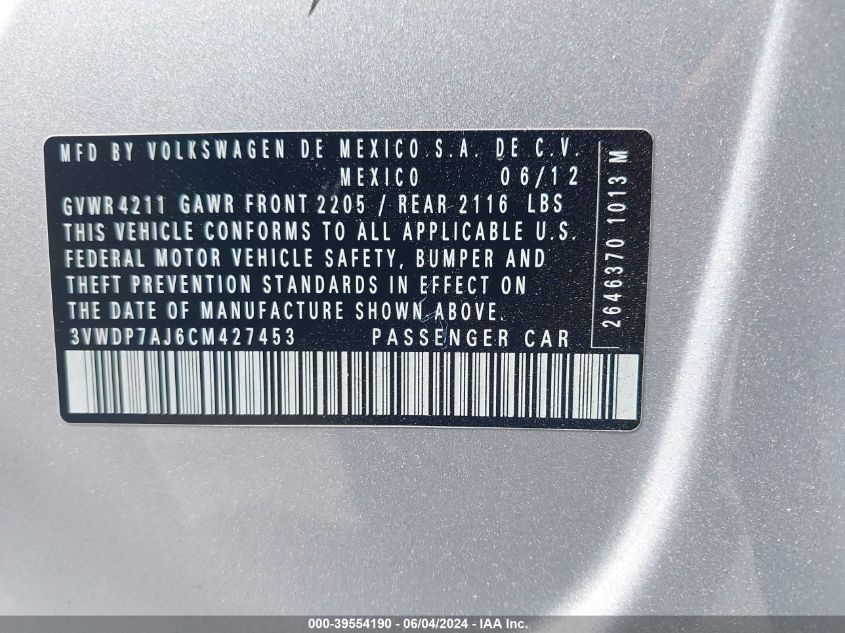 2012 Volkswagen Jetta 2.5L Se VIN: 3VWDP7AJ6CM427453 Lot: 39554190