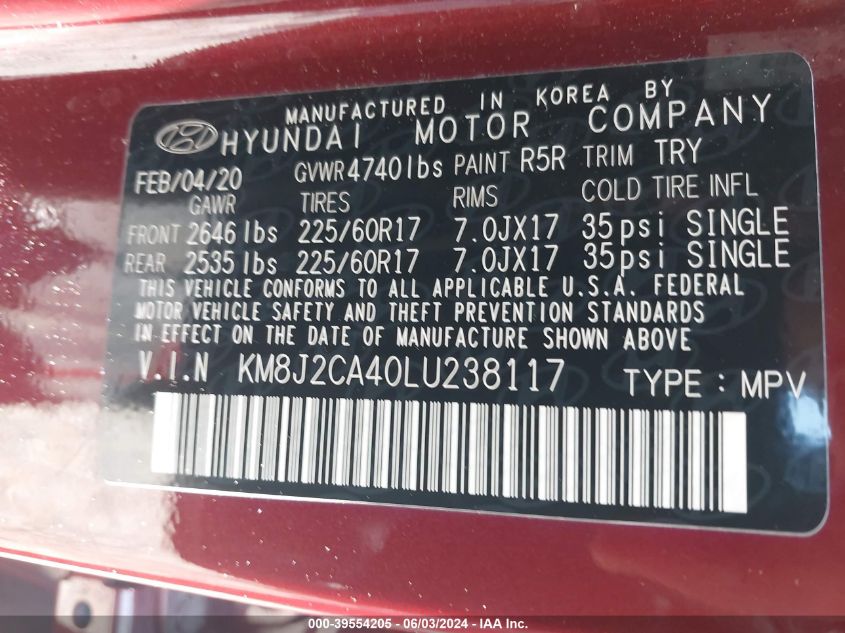 2020 Hyundai Tucson Se VIN: KM8J2CA40LU238117 Lot: 39554205