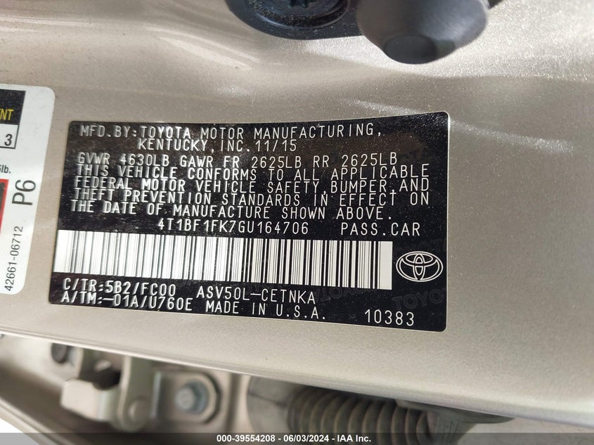 2016 Toyota Camry Le VIN: 4T1BF1FK7GU164706 Lot: 39554208