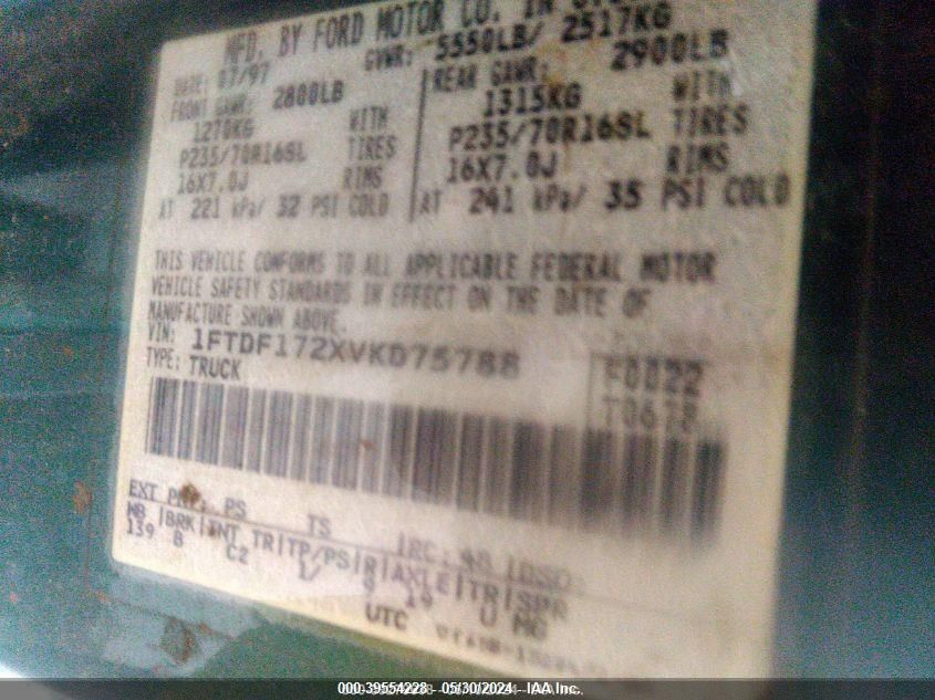 1997 Ford F-150 Standard/Xl/Xlt VIN: 1FTDF172XVKD75788 Lot: 39554228