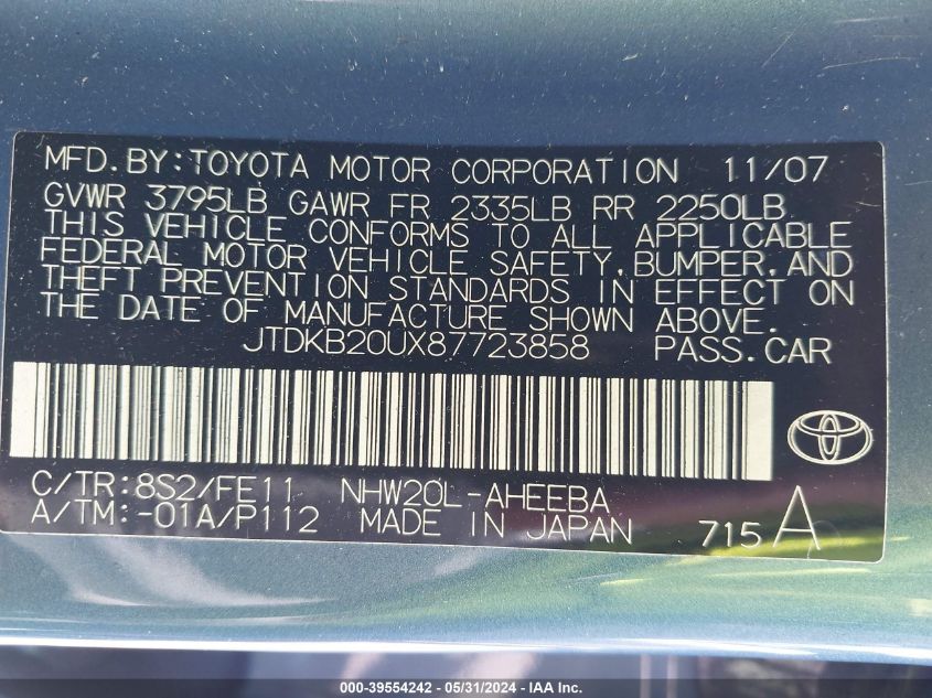 2008 Toyota Prius VIN: JTDKB20UX87723858 Lot: 39554242