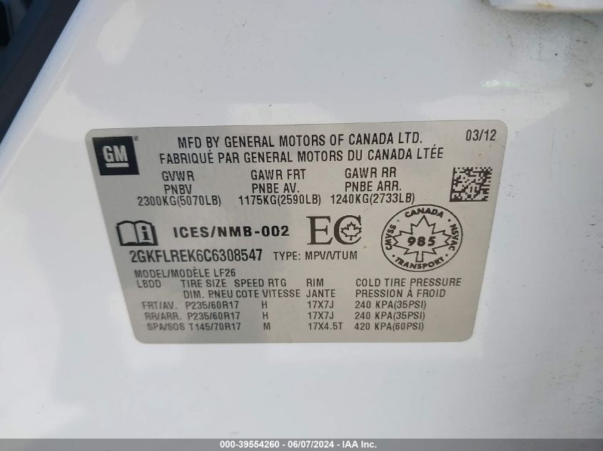 2012 GMC Terrain Sle-1 VIN: 2GKFLREK6C6308547 Lot: 39554260