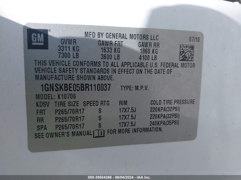 2011 Chevrolet Tahoe Lt VIN: 1GNSKBE05BR110037 Lot: 39554266