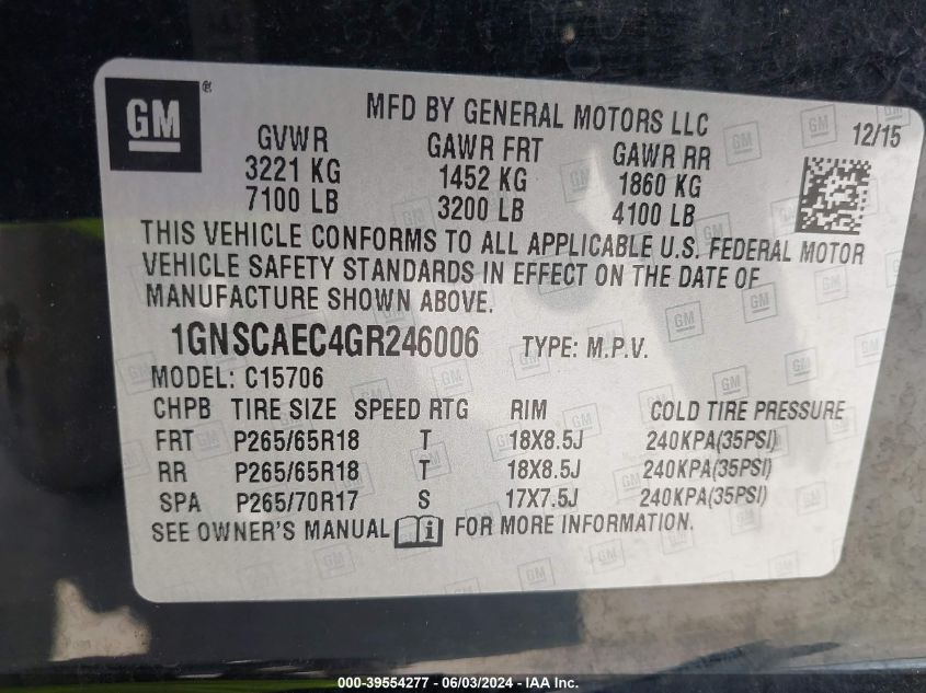 2016 Chevrolet Tahoe Ls VIN: 1GNSCAEC4GR246006 Lot: 39554277