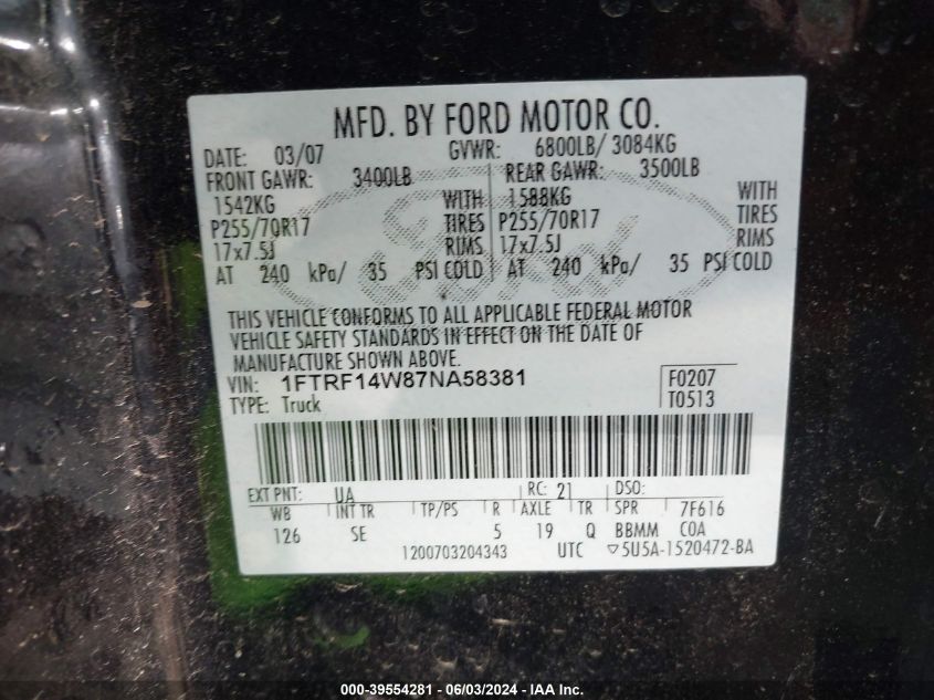 2007 Ford F-150 Stx/Xl/Xlt VIN: 1FTRF14W87NA58381 Lot: 39554281