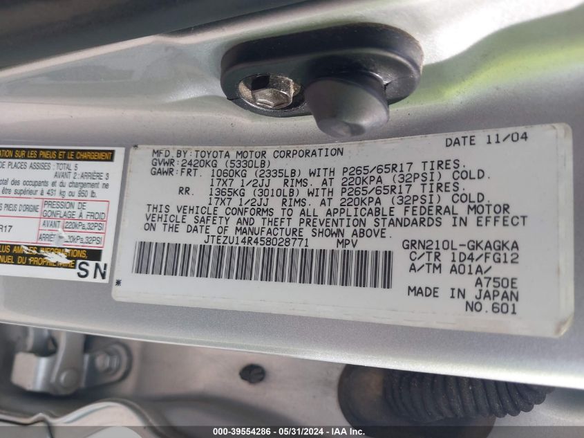 2005 Toyota 4Runner Sr5 V6 VIN: JTEZU14R458028771 Lot: 39554286