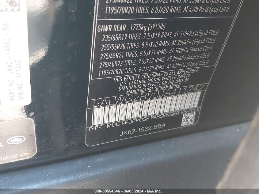 2018 Land Rover Range Rover Sport Se VIN: SALWG2RV0JA411242 Lot: 39554346