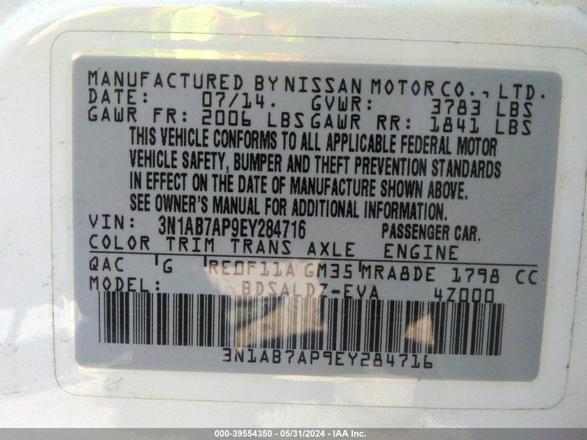 2014 Nissan Sentra Sv VIN: 3N1AB7AP9EY284716 Lot: 39554350