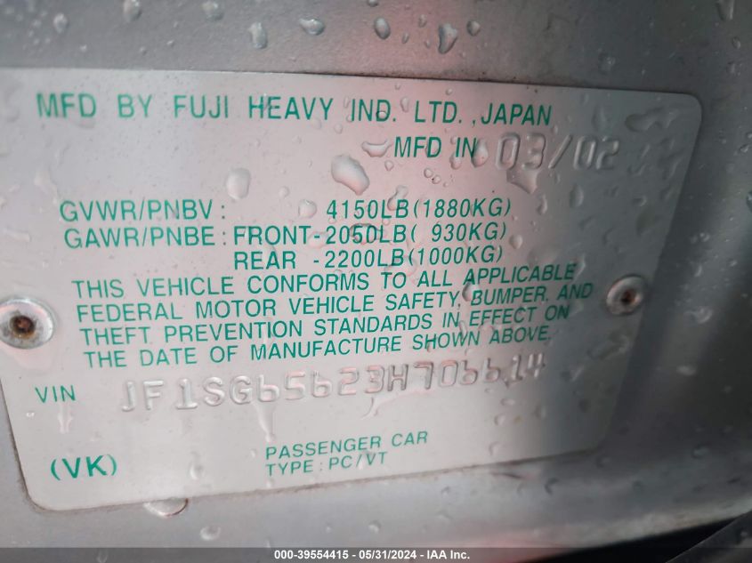 2003 Subaru Forester Xs VIN: JF1SG65623H706614 Lot: 39554415