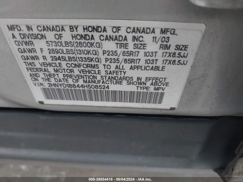 2004 Acura Mdx VIN: 2HNYD18844H508524 Lot: 39554418