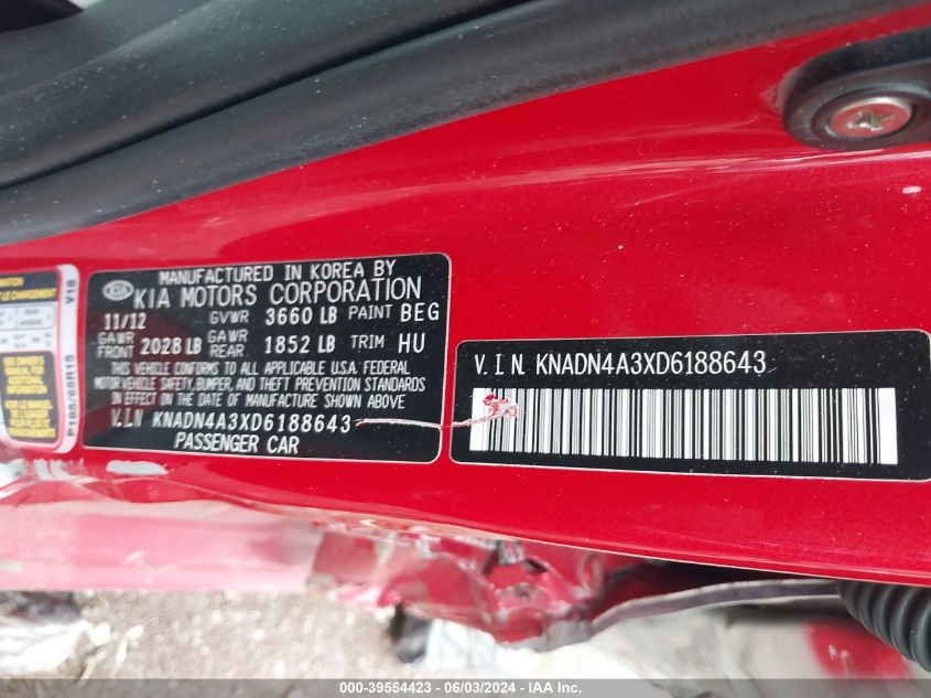 2013 Kia Rio Ex VIN: KNADN4A3XD6188643 Lot: 39554423