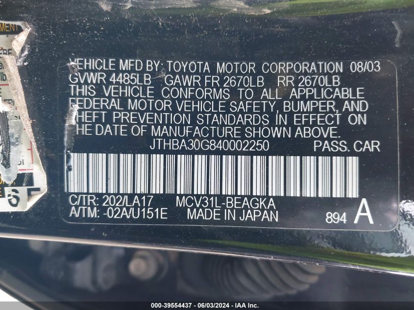 2004 Lexus Es 330 VIN: JTHBA30G840002250 Lot: 39554437