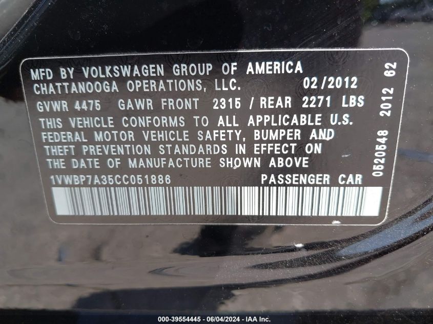 2012 Volkswagen Passat 2.5L Se VIN: 1VWBP7A35CC051886 Lot: 39554445