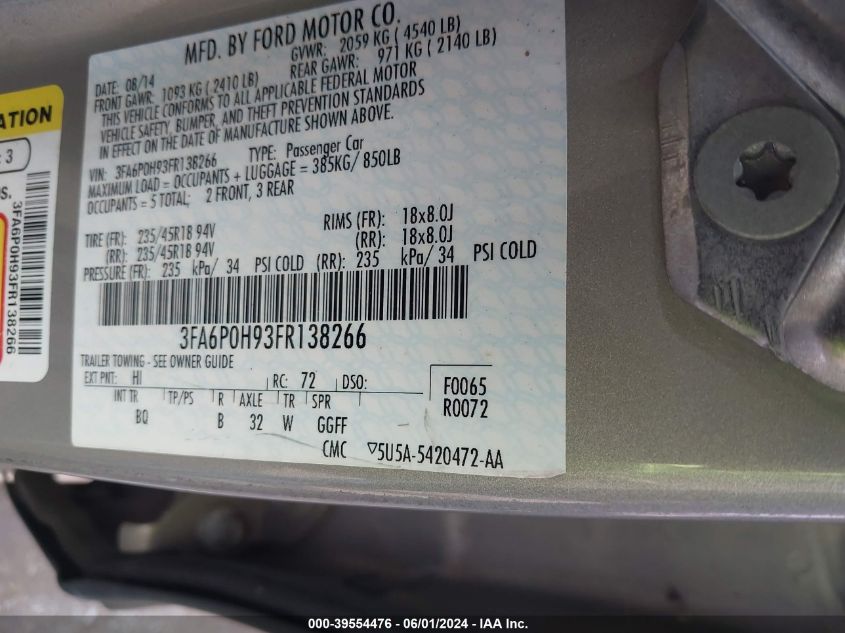 3FA6P0H93FR138266 | 2015 FORD FUSION