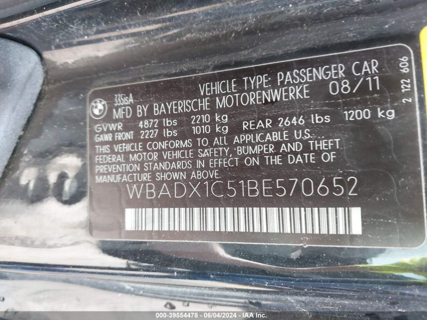 2011 BMW 335Is VIN: WBADX1C51BE570652 Lot: 39554478