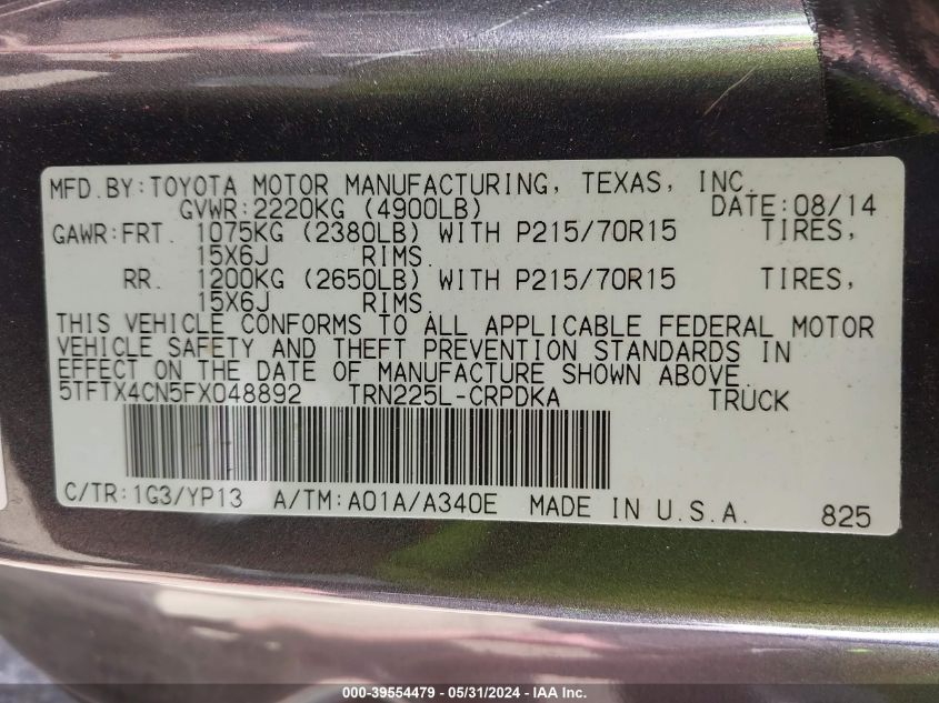 2015 Toyota Tacoma VIN: 5TFTX4CN5FX048892 Lot: 39554479