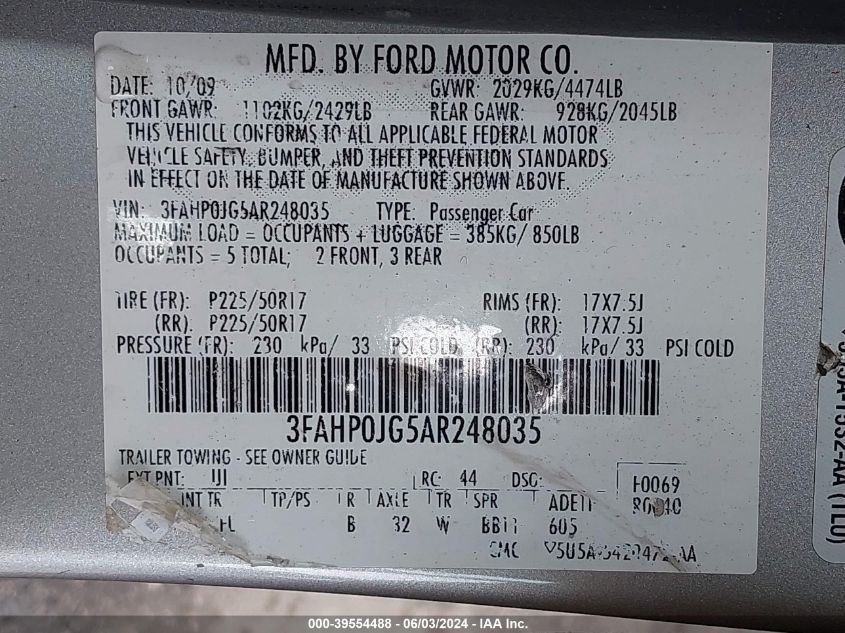 2010 Ford Fusion Sel VIN: 3FAHP0JG5AR248035 Lot: 39554488