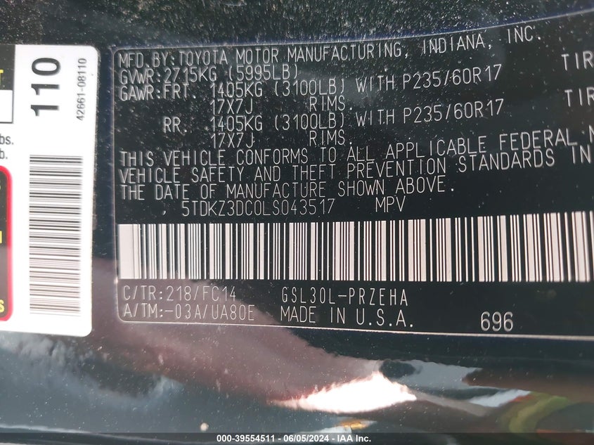 2020 Toyota Sienna Le VIN: 5TDKZ3DC0LS043517 Lot: 39554511