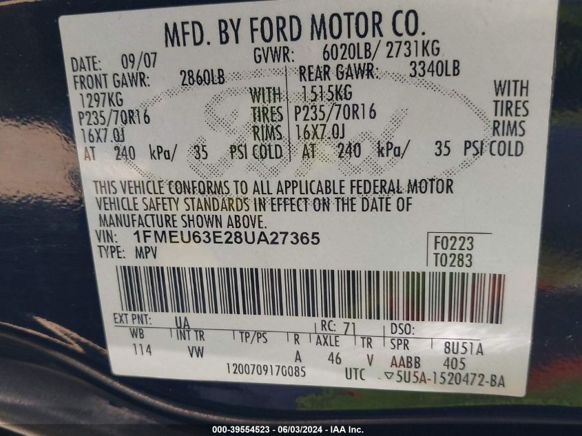 2008 Ford Explorer Xlt VIN: 1FMEU63E28UA27365 Lot: 39554523