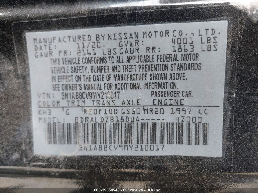 2021 Nissan Sentra Sv Xtronic Cvt VIN: 3N1AB8CV9MY210017 Lot: 39554540