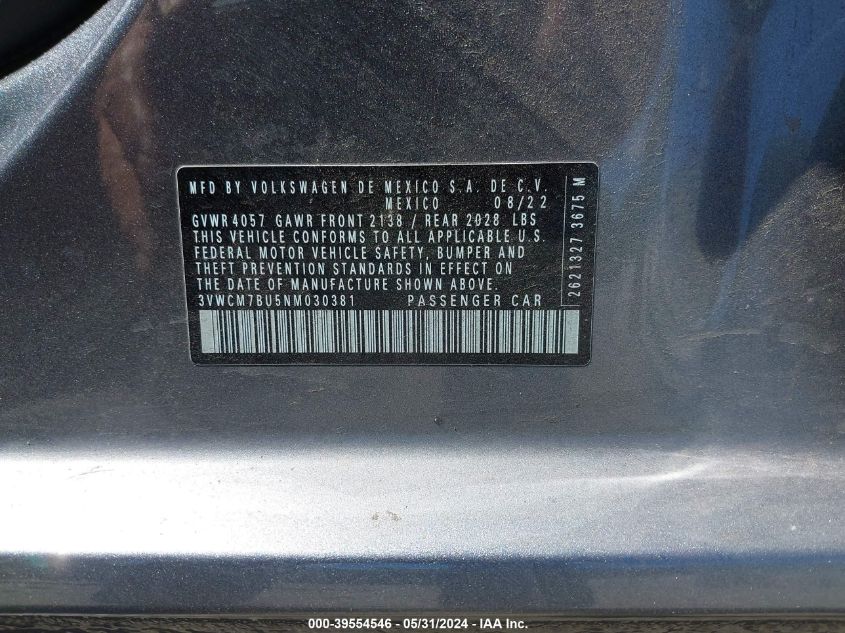 2022 Volkswagen Jetta 1.5T S VIN: 3VWCM7BU5NM030381 Lot: 39554546