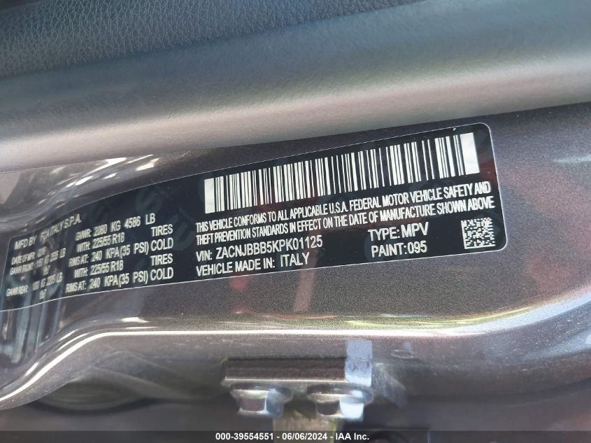 2019 Jeep Renegade Altitude VIN: ZACNJBBB5KPK01125 Lot: 39554551