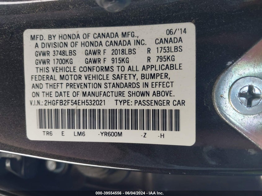 2014 Honda Civic Lx VIN: 2HGFB2F54EH532021 Lot: 39554556