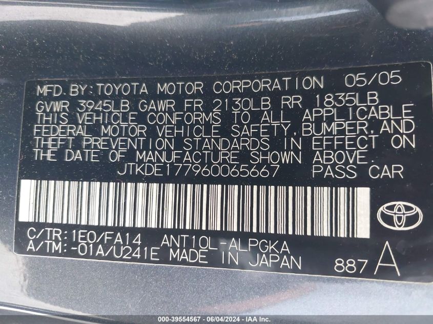 2006 Scion Tc VIN: JTKDE177960065667 Lot: 39554567