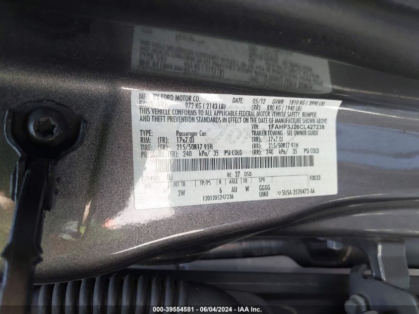 2012 Ford Focus Titanium VIN: 1FAHP3J26CL427238 Lot: 39554581