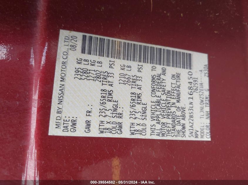 2020 Nissan Murano Sv Intelligent Awd VIN: 5N1AZ2BS3LN168450 Lot: 39554582