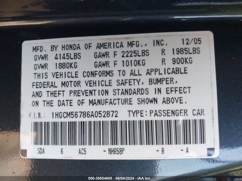2006 Honda Accord 2.4 Ex VIN: 1HGCM56786A052872 Lot: 39554605