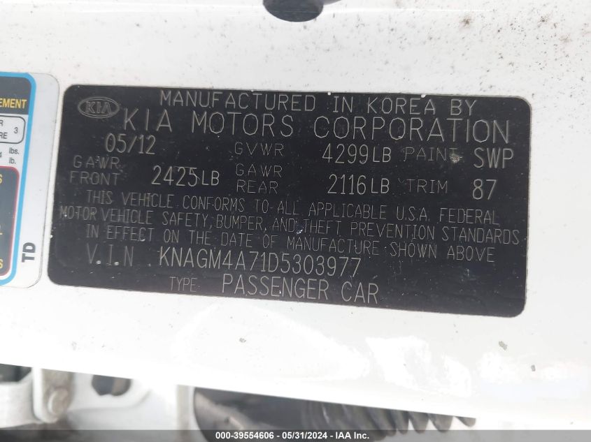 2013 Kia Optima Lx VIN: KNAGM4A71D5303977 Lot: 39554606