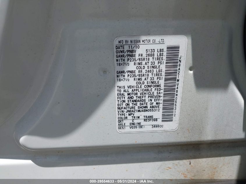 2011 Nissan Murano S VIN: JN8AZ1MU4BW055312 Lot: 39554633