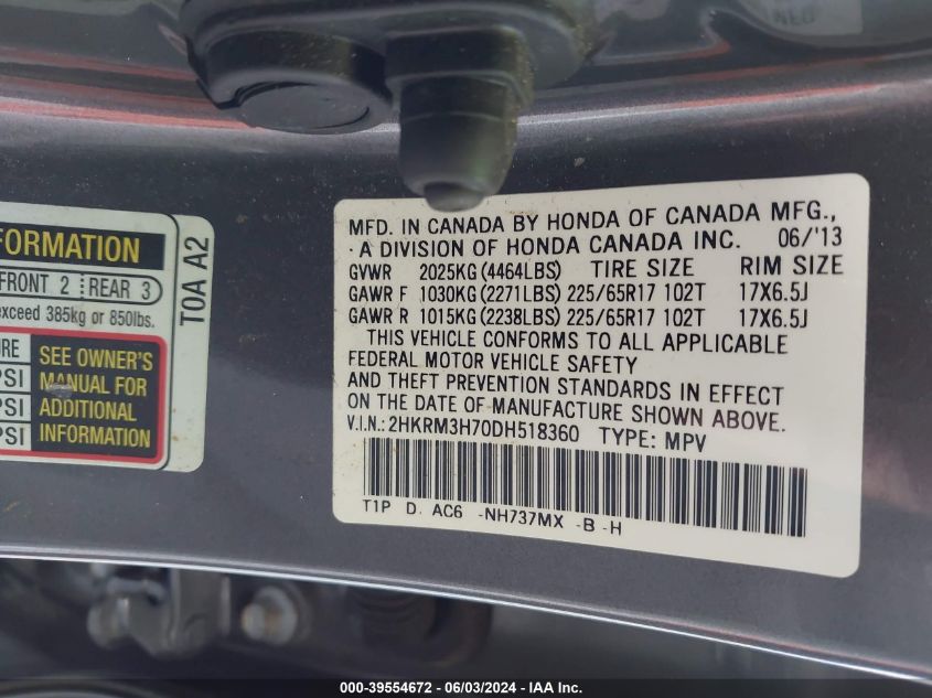 2013 Honda Cr-V Ex-L VIN: 2HKRM3H70DH518360 Lot: 39554672