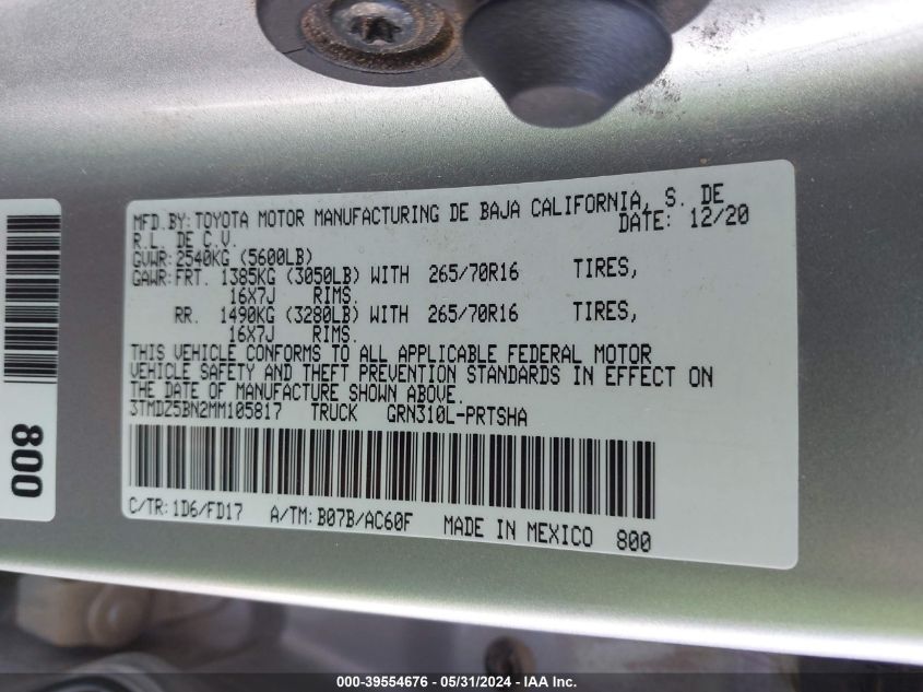 2021 Toyota Tacoma Trd Off-Road VIN: 3TMDZ5BN2MM105817 Lot: 39554676