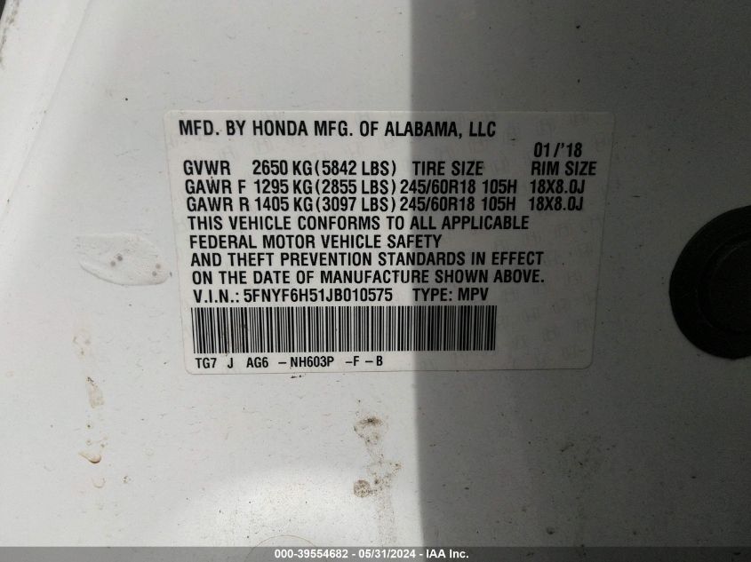 2018 Honda Pilot Ex-L VIN: 5FNYF6H51JB010575 Lot: 39554682