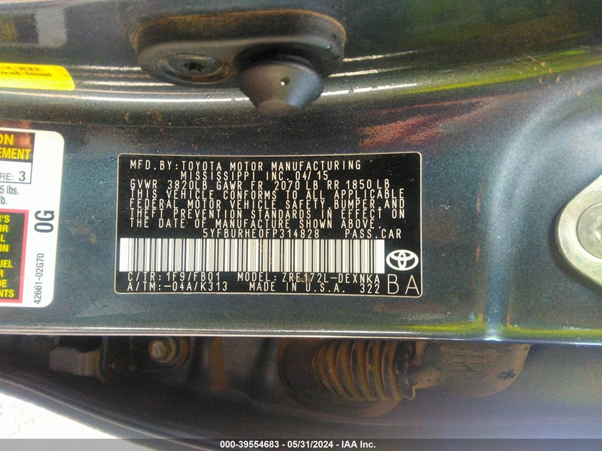 2015 Toyota Corolla Le VIN: 5YFBURHE0FP314828 Lot: 39554683