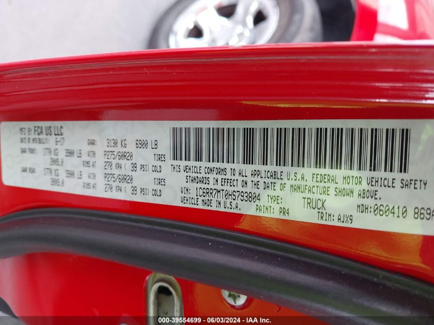 2017 Ram 1500 Night 4X4 5'7 Box VIN: 1C6RR7MT0HS793804 Lot: 39554699