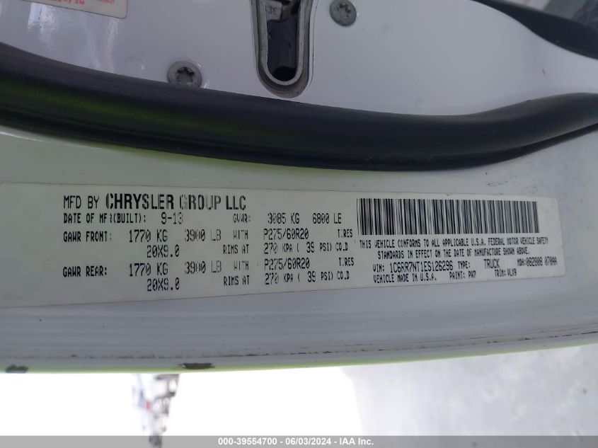 2014 Ram 1500 Laramie VIN: 1C6RR7NT1ES126296 Lot: 39554700