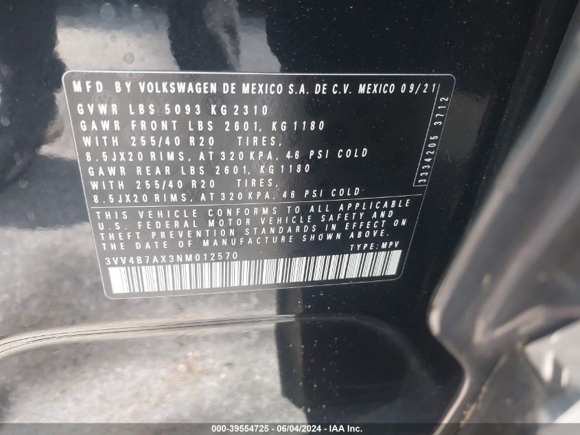 2022 Volkswagen Tiguan 2.0T Sel R-Line VIN: 3VV4B7AX3NM012570 Lot: 39554725