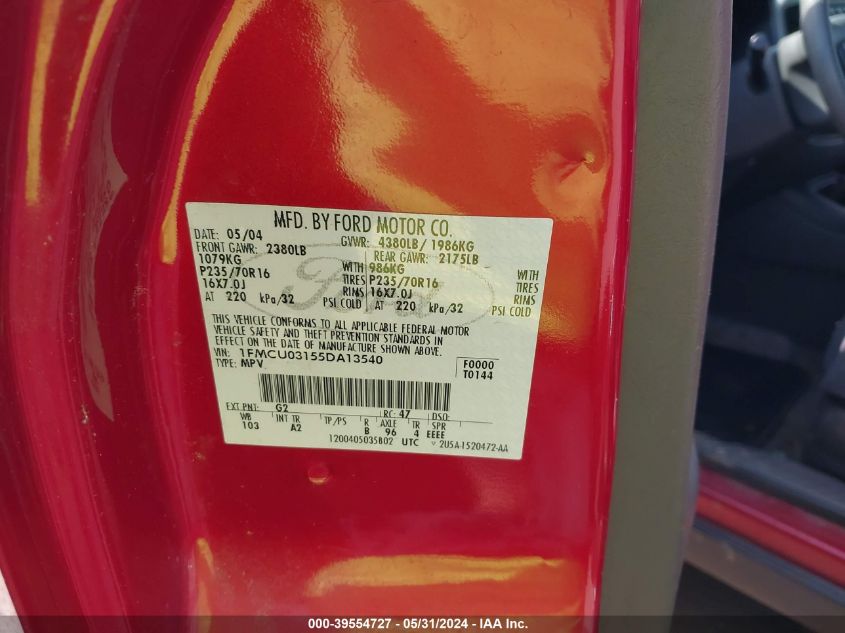 2005 Ford Escape Xlt VIN: 1FMCU03155DA13540 Lot: 39554727