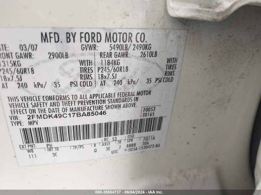 2FMDK49C17BA85046 2007 Ford Edge Sel Plus