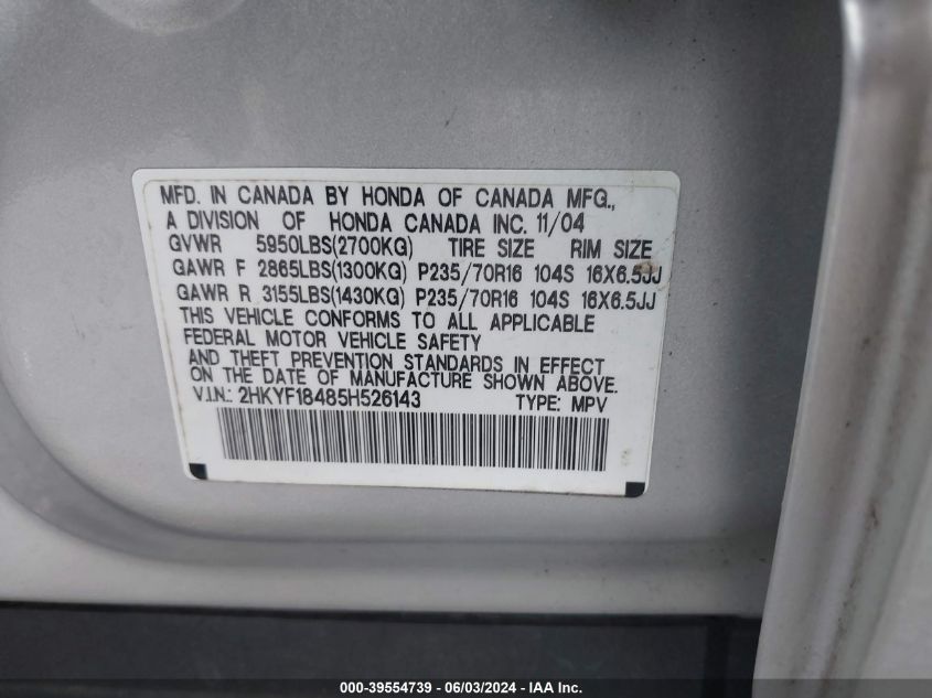2005 Honda Pilot Ex VIN: 2HKYF18485H526143 Lot: 39554739